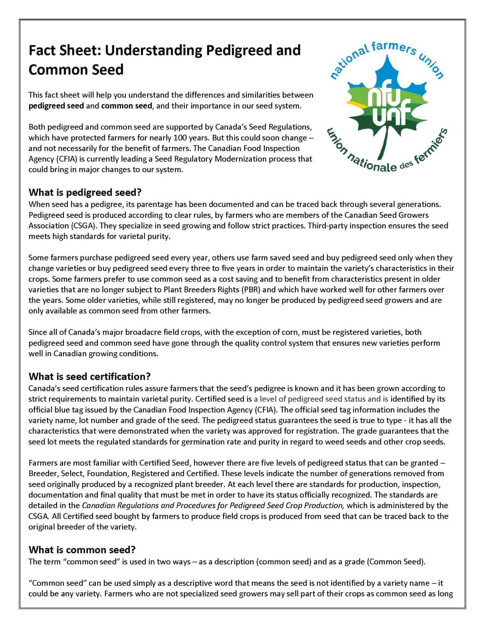 Fact Sheet - Understanding Pedigreed and Common Seed | National Farmers 