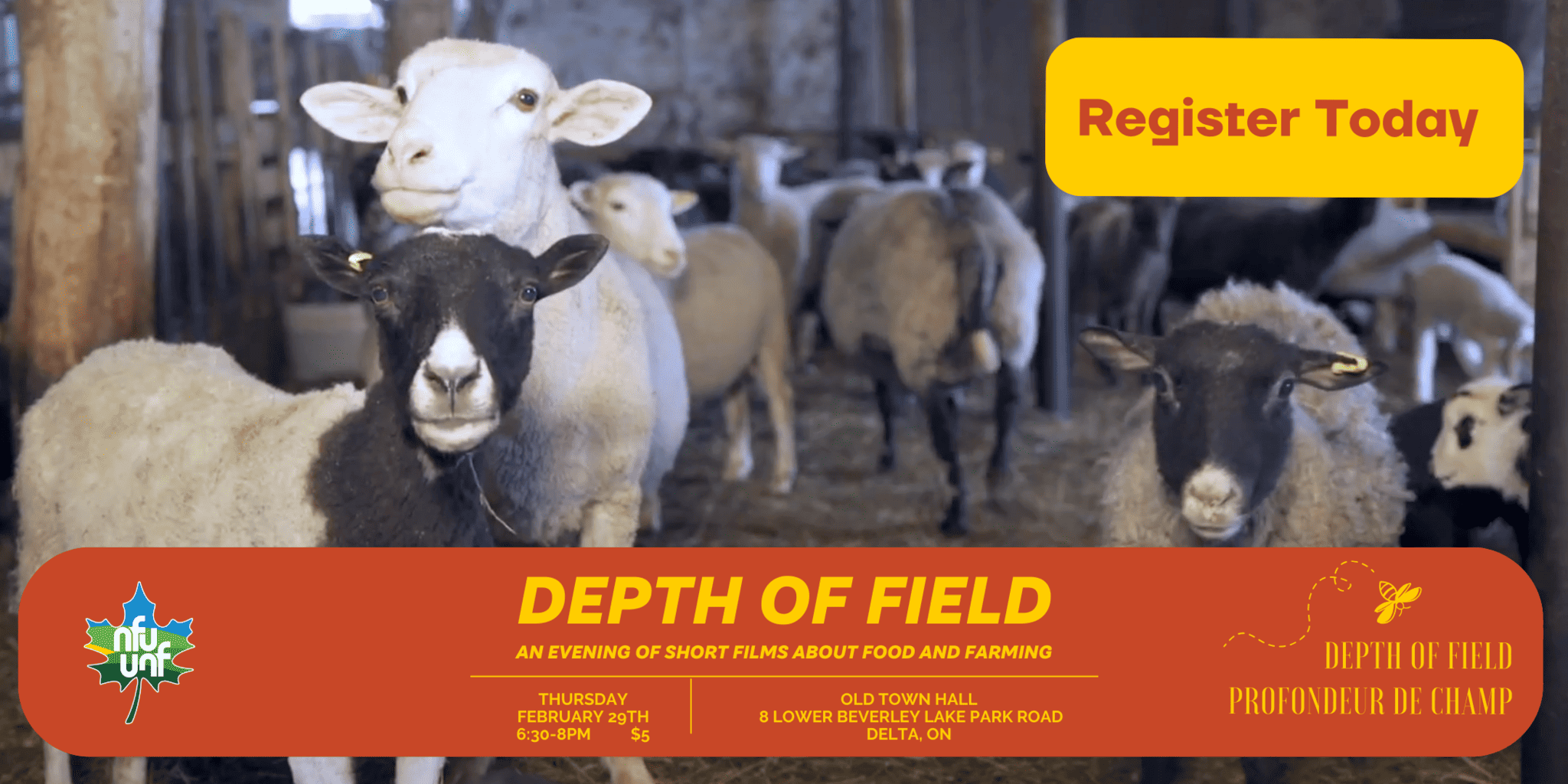 Rejoignez-nous le jeudi 29 février à l'ancien hôtel de ville de Delta, en Ontario, de 6 h 30 à 8 h, pour une projection communautaire de Depth of Field: Films About Farming avec le Syndicat national des fermiers de l'Ontario, section locale 318.