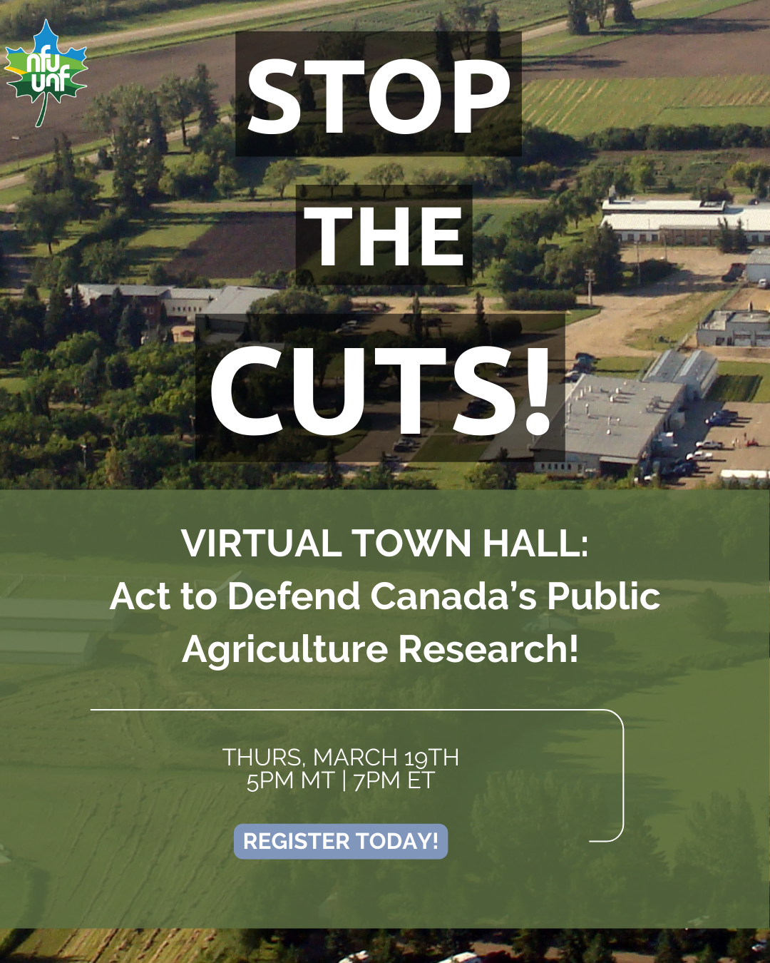 Affiche pour une réunion publique "Stop the Cuts". La fiche d'information est une photo aérienne d'une ferme.