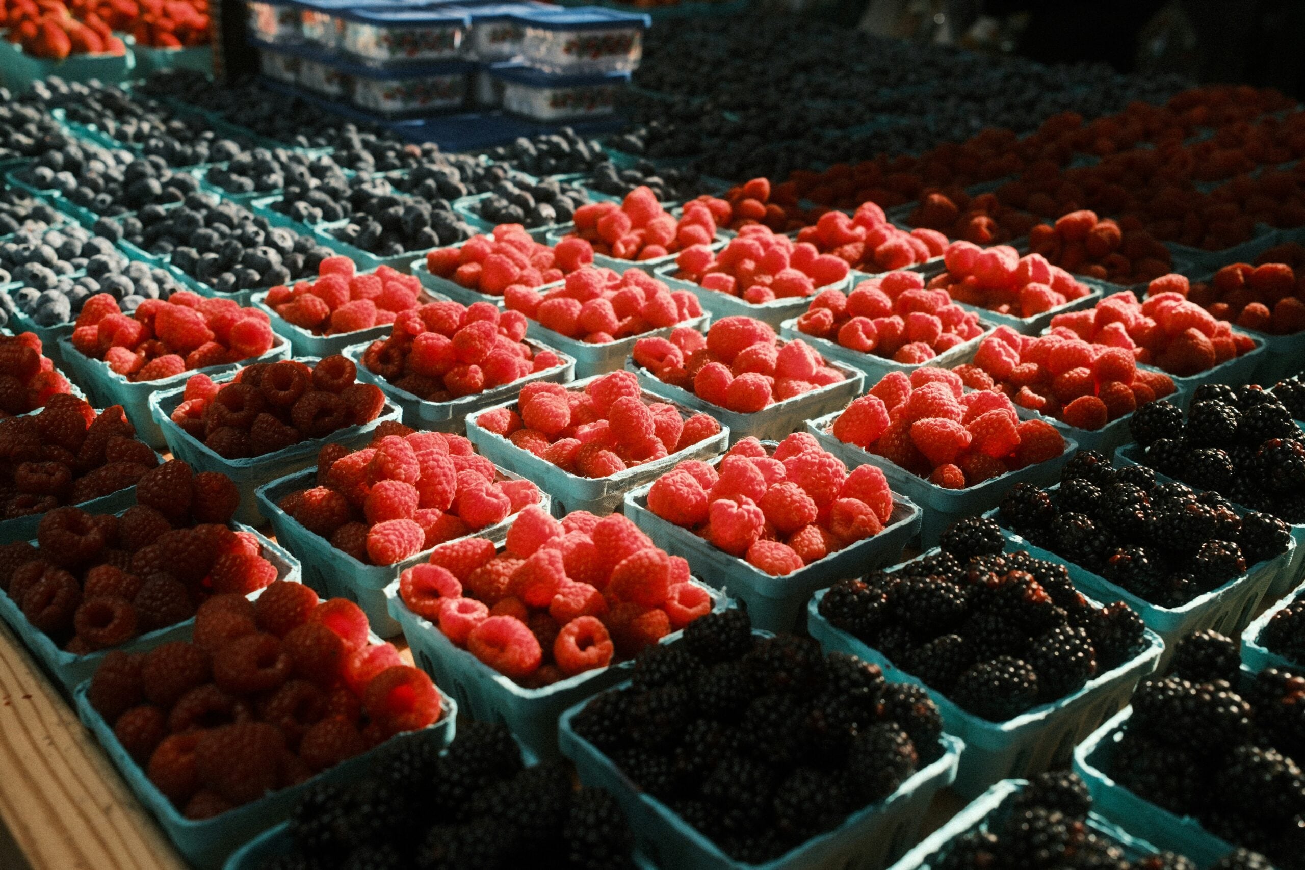 Small boxes of raspberries and blackberries at a farmers market